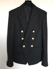 Balmain Wool Double-Breasted Blazer Coat Gold Button Peak Lapel Used