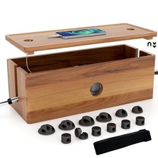 Large Acacia Wood Cable Management Box Wooden Cord Hider Desk Floor Organizer