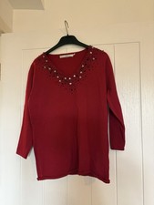 Isle Size 12-14 Ladies Red Burgundy v Neck Jumper Top Y2K Vintage Old Fashioned