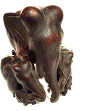 Thai Hand-Carved Elephant Family 5” x 5” in a Deep Rich Stain