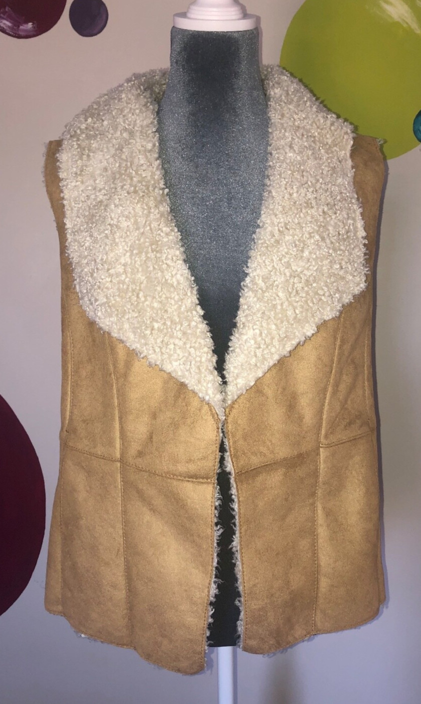 Talbots Tan Faux Shearling Suede Sherpa Vest Sleeveless Jacket - Women M Medium