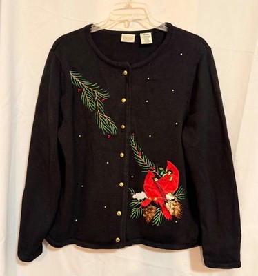 Classic Elements Black w/Cardinals & Pine Trim Appliqué & Beads Cardigan 20-22 W