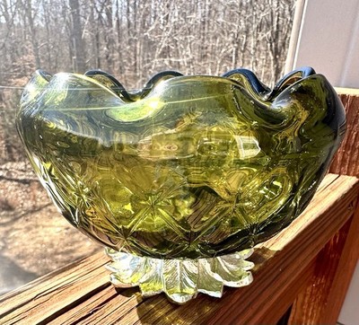 Vintage Indiana Glass Co Avocado Green Diamond Point Bowl W Gold Pedestal