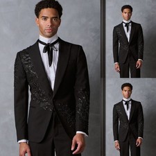 Black Beads Men's 2Pcs Suits Prom Party Coat Slim Fit Jacket Peak Lapel Blazer