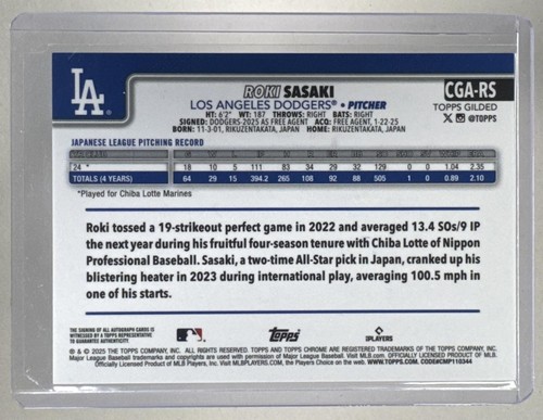 Roki Sasaki 2025 Topps Chrome Gilded #CGA-RS Gold RC Rookie Auto /99 - Picture 2 of 3