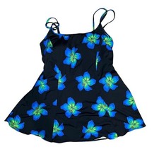 Vintage Robby Len Green Blue Tropical Floral Swim Dress One Piece Swimsuit Sz 12