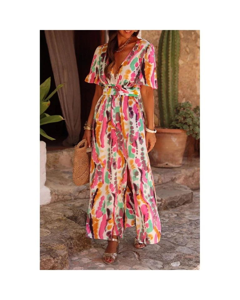 Azura Exchange Printed VNeck Tie Waist Dress Women Pink Maxi Foto 4 de 4