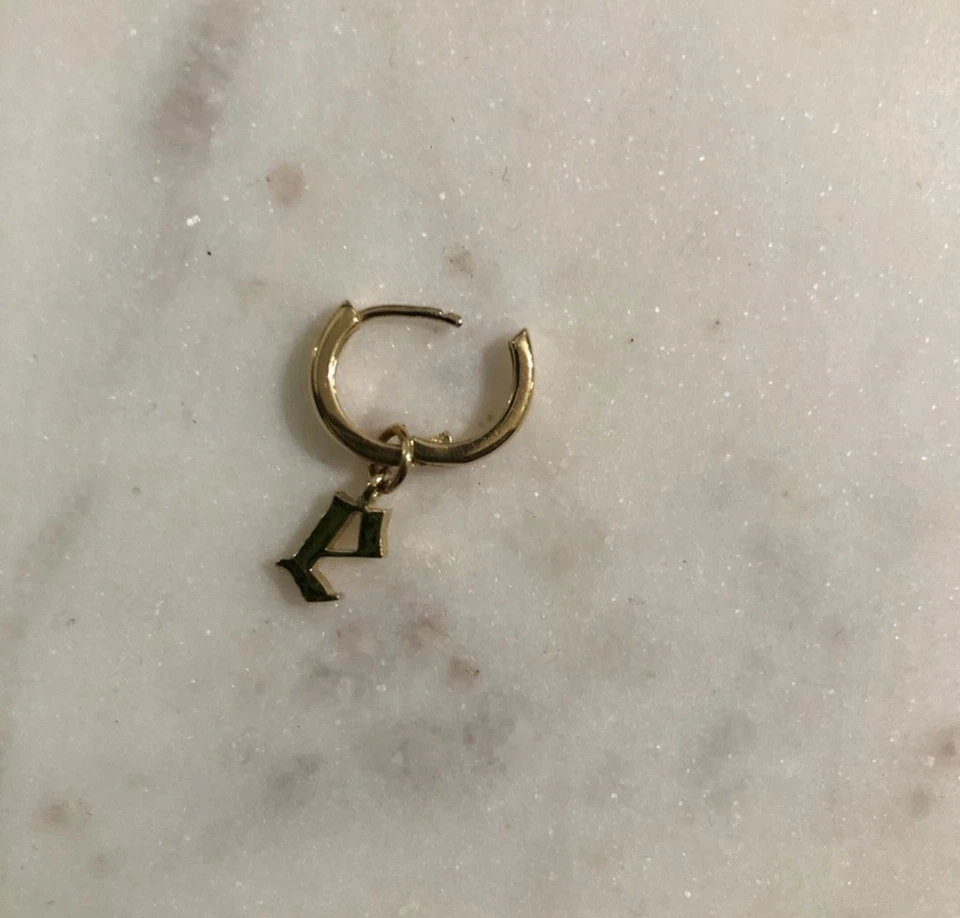 Bingbang NYC Drew Huggie Hoop Gothic Letter E Charm Gold Vermeil Sterling Silver - Image 2 of 4