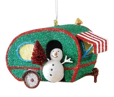 Glitter Retro Look Teardrop RV Camper Snowman Metal Christmas Holiday Ornament