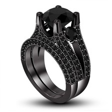 2CT Round Cut Lab Created Diamond Bridal Wedding Ring Set 14K Black Gold Over