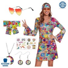 70s Hippie Costume Dress Women Disco Outfit Peace Love Power Flower Headband