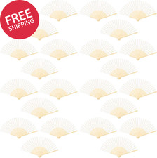 White Folding Fans Silk Bamboo 24 Pcs Handheld Fan Wedding Party Decor Gift