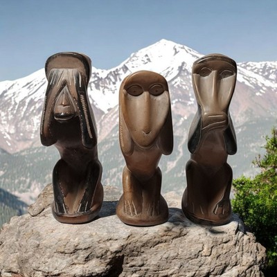 Estate Carved Etched Stone See Hear Speak No Evil Monkeys Hand Carved Wood 4.5''