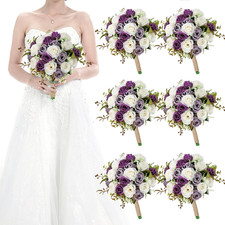 Set of 6 Dusty Purple Bridesmaid Bouquets - 7" Ivory Flower Decor