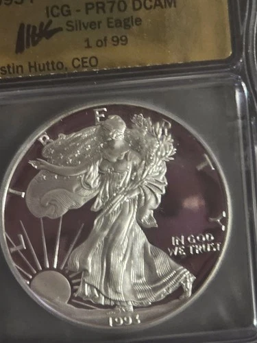 1993 P PROOF SILVER EAGLE ICG PR70 DCAM AUSTIN HUTTO SIGNED GOLD LABEL 1 Of 99