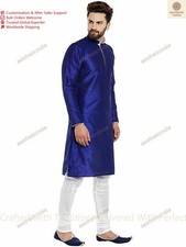 Indian Blue Color Ethnic Dress Mens Kurta Cotton Wear Shirt Uni