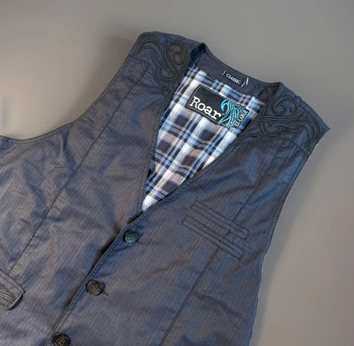 ROAR Vest Men's Size XL Blue Button Up Embroidered Back Steampunk - product listing photo