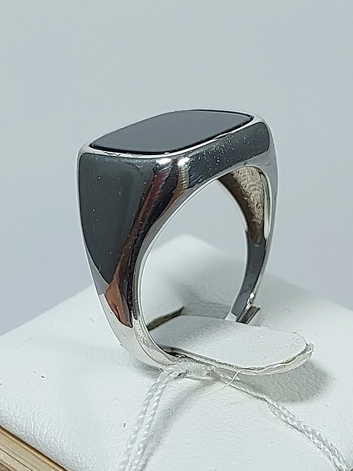 Anello Argento925 Donna Uomo Pietra Onice Quadrato Nero Lucido Sigillo Chevalier - Immagine 4 di 4