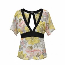 Y2K Guess Jeans Women Yellow Floral V-Neck Empire Waist Cutout Back Top M Medium