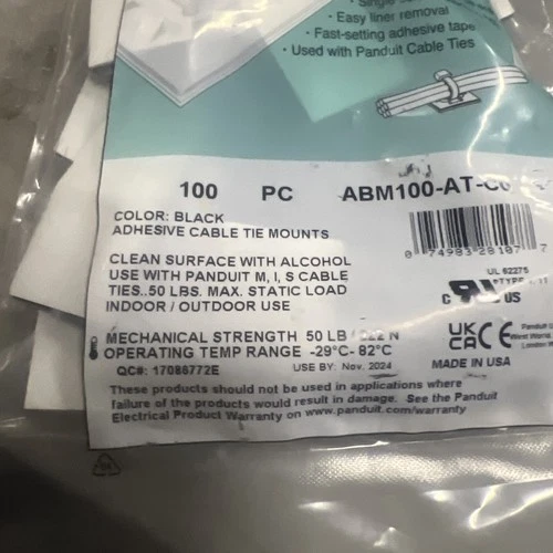 Panduit ABM100-T-C0 dhesive Backed Cable Tie Mount 4-Way Mount Pre-Installed