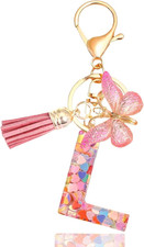 Purple-Blue Pink Green Resin Alphabet Initial Letter Keychain Tassel Butterfly K
