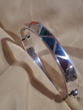 Beautiful Sterling Silver Multi Colored Gemstone Hinged Cuff Bracelet