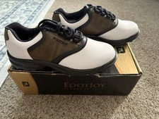 FootJoy GreenJoys 45516 White Brown Leather Size 8.5  Golf Shoes W/ Spikes NIB