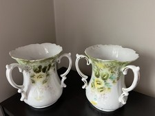 Set of two exquisite antique 3-handled floral vases 5" tall 4" wide at rim