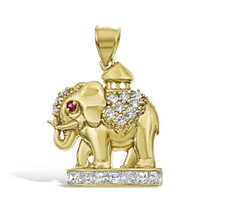 Elephant Pendant Lucky CZ Charm 10k Yellow Gold 1.4 inch