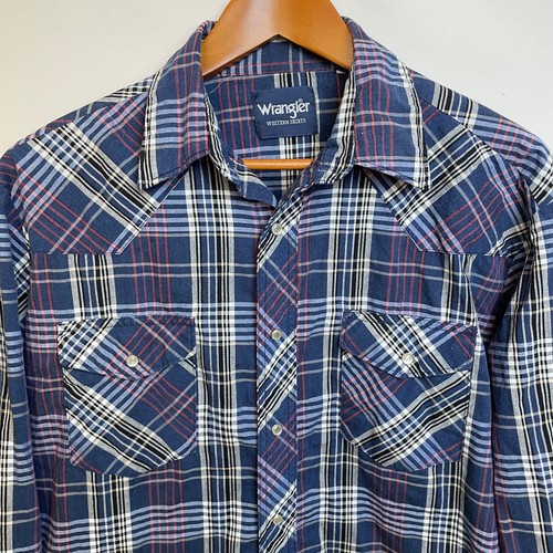 Vintage Wrangler Mens Pearl Snap Shirt Western Size L Plaid Blue Long Sleeve - Picture 2 of 9