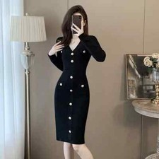 Tubino Vestito Abito Donna Elegante Manica Lunga Maglia Nero Elasticizzato 04930