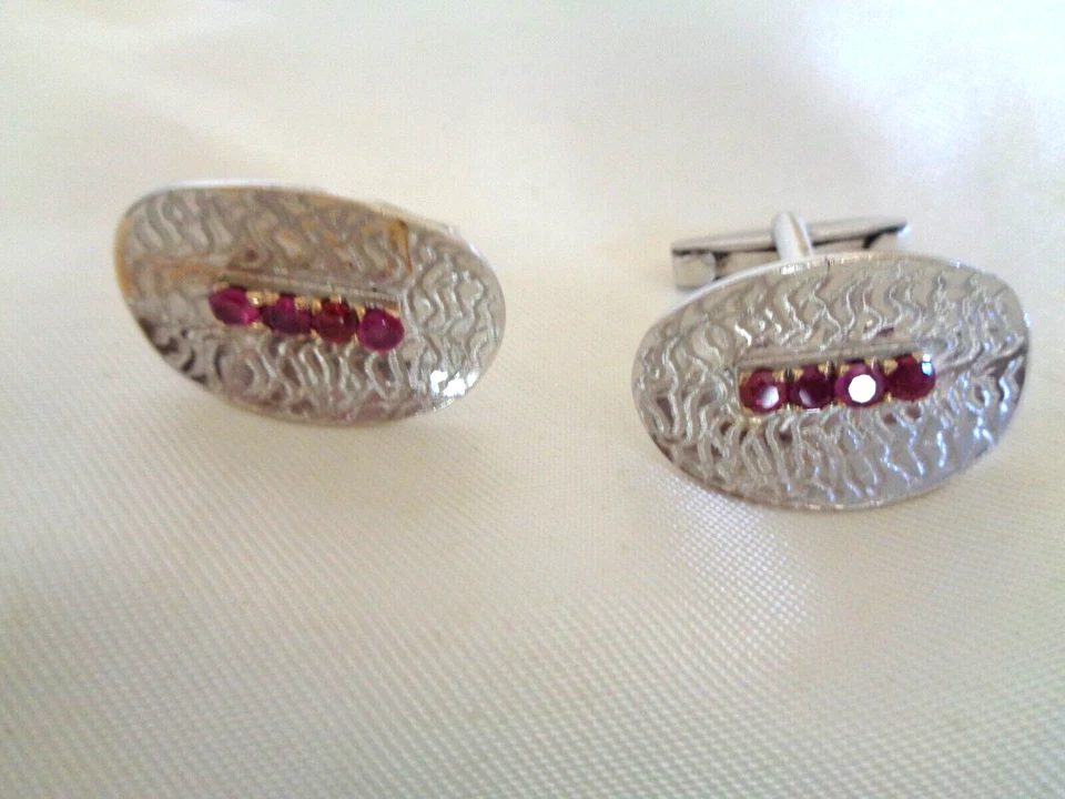 GEMELOS RUBÍ NATURAL ORO MACIZO 18K VINTAGE 13 GRAMOS 1980 ORO BLANCO HECHOS A MANO Foto 4 de 4