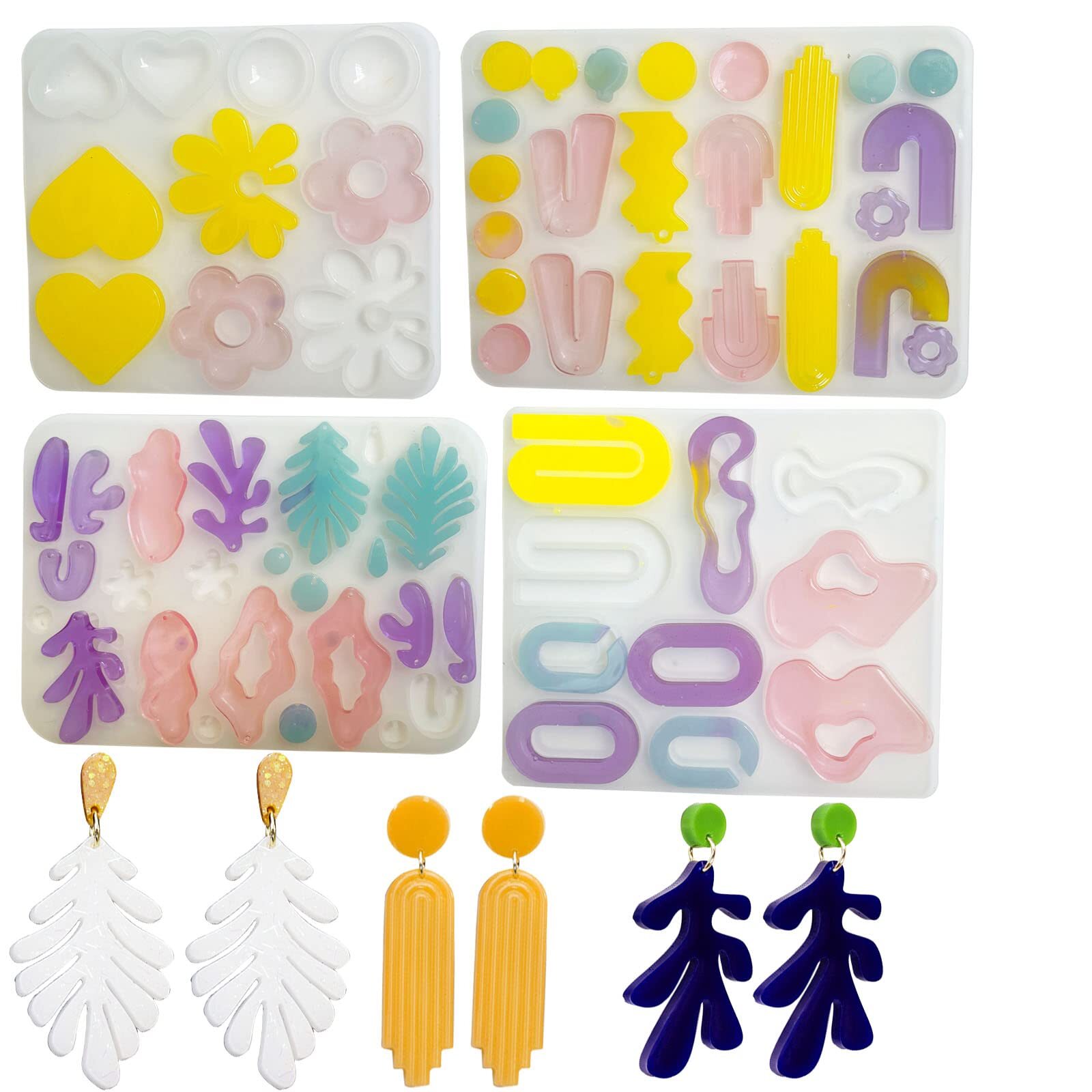 Szecl 4Pcs Geometrical Earrings Epoxy Resin Mold Flower Leaves Pendant Silico...