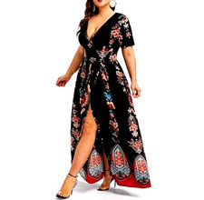 WOMEN PLUS SIZE V NECK FLORAL MIDI DRESS ( SIZE 3XL )