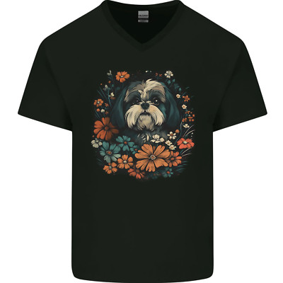 Ein Shih Tzu Hund Mit Blumen Herren V-Ausschnitt Baumwoll Maglietta