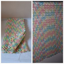 Unused 35 X47 Crochet Knit Baby Crib Blanket Afghan Pastel Yellow Blue Pink