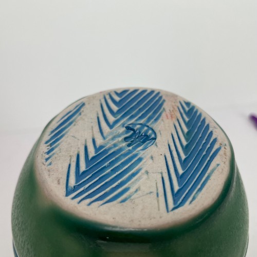 Pottery Glazed Pitcher Creamer Green w/ Blue Stripes Stamped Vintage Hand Thrown - Picture 14 of 14