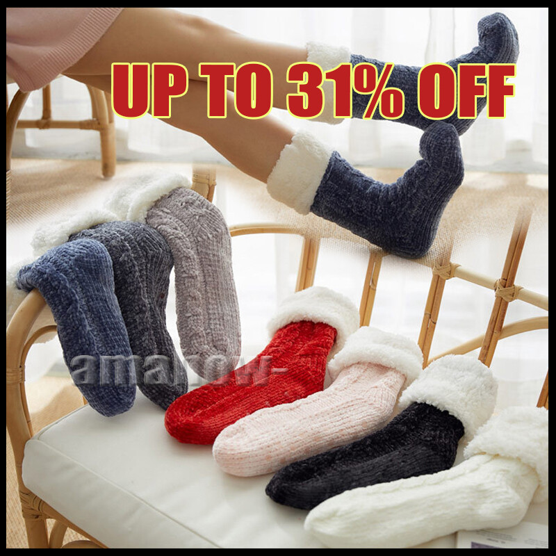 Womens Knitted Fluffy Thick Soft Warm Sherpa Slipper Socks Non Slip with  Grips