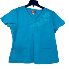 Orange Standard Scrub Top Womans Size L Teal Blue With Floral Print