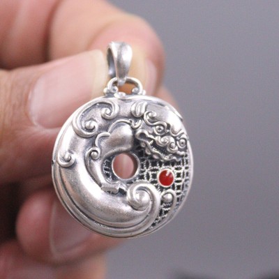 足银 999 Feinsilber Anhänger Vintage Handwerk Glück Pixiu Drache Pendant 1,2 ZollH