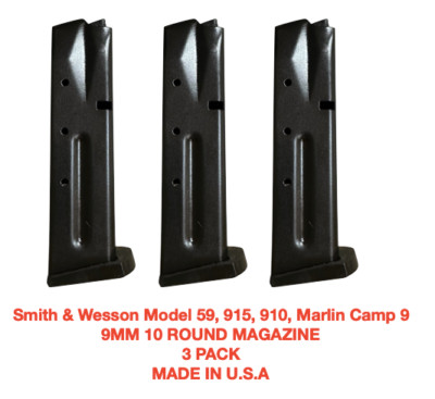 Smith & Wesson Model 59, 915, 910, Marlin Camp 9 9mm 10 Round Magazine 3 PACK