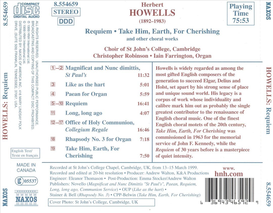 St Johns College Choir Cambridge Howells Requiem Take Him Earth for Cher
