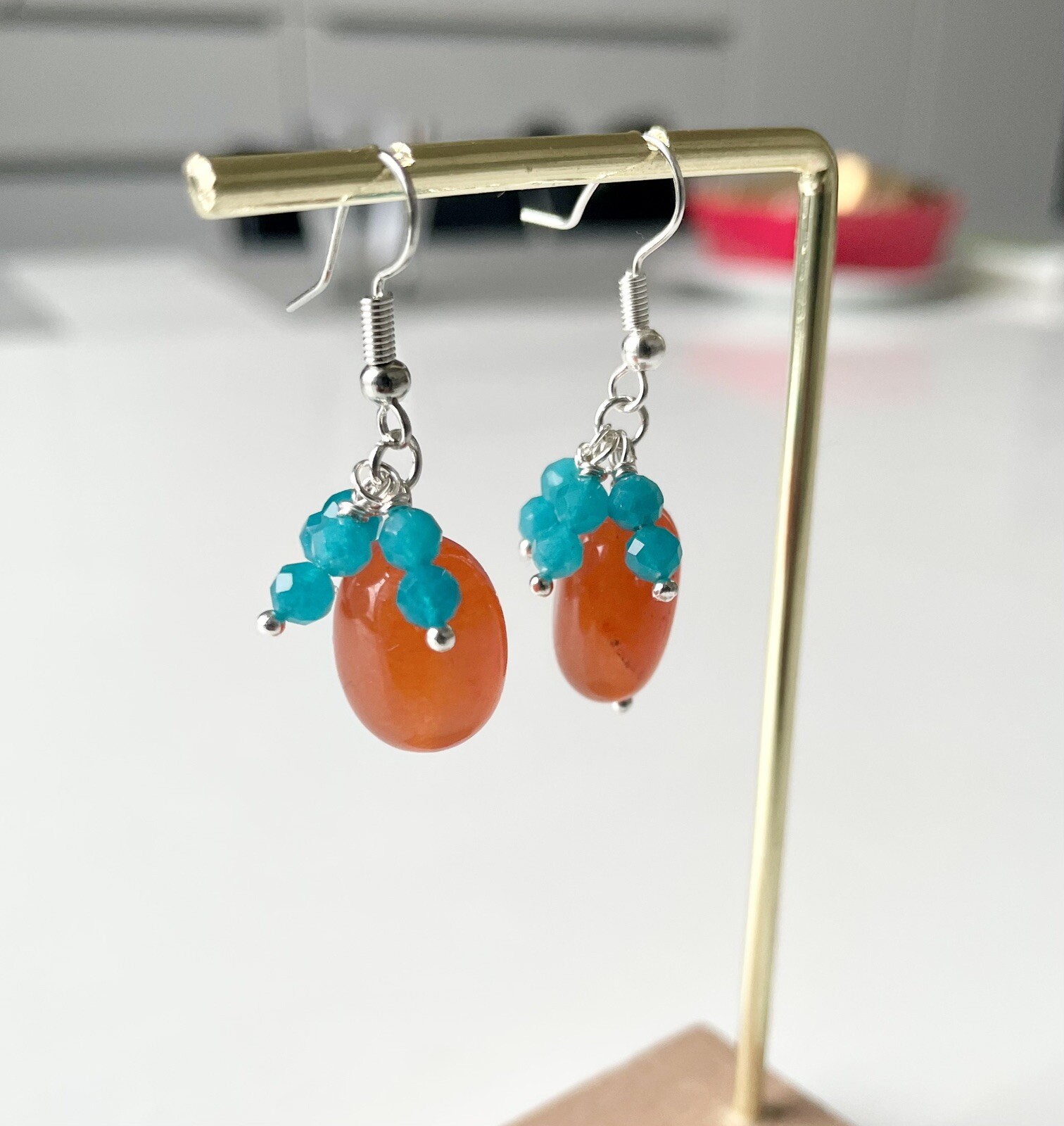 Pendientes Piedra Natural Calcedonia Naranja Plateado Plata, Hecho A Mano