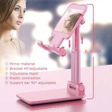 Phone Holder With Mirror Pink Foldable Desk Stand Adjustable for iPhone iPad