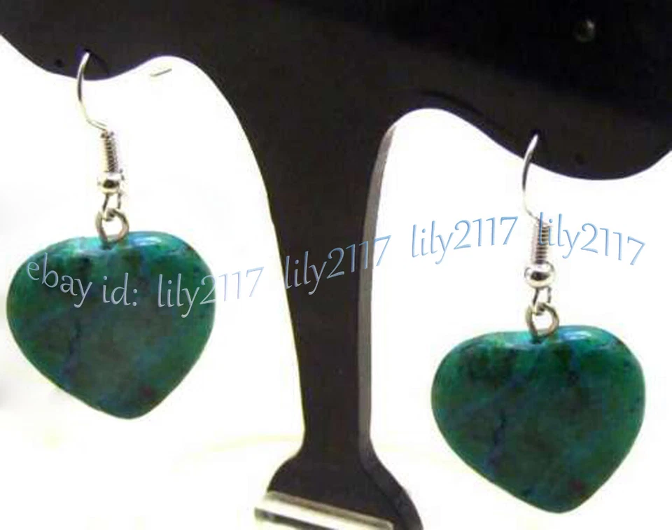 16mm Heart-Shaped Green Azurite Chrysocolla Gemstone Dangle Silver Hook Earrings - Image 3 of 3