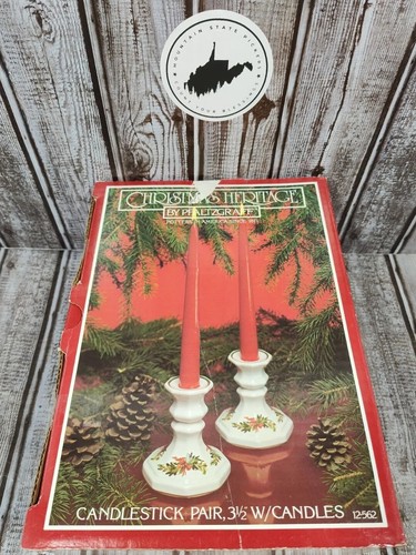 Pfaltzgraff Christmas Heritage Candlestick Pair 3 1/2" With Candles New In Box - Picture 2 of 6