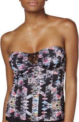 Hula Honey BLACK MULTI Just Another Brick Printed Bandeau Tankini Top, US Small