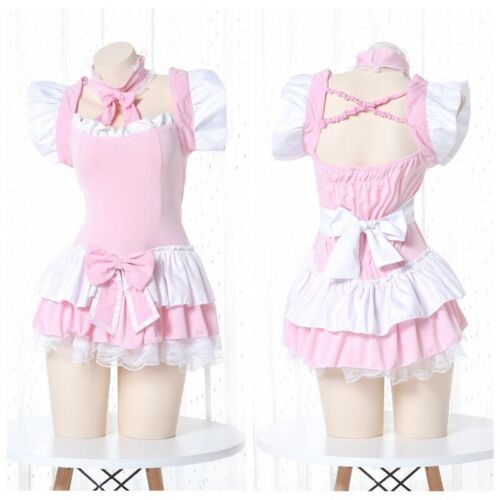 Women Girl Japanese Lolita Ruffle Dress Short Cute Cosplay Maid Costume Nightie - Picture 1 of 7