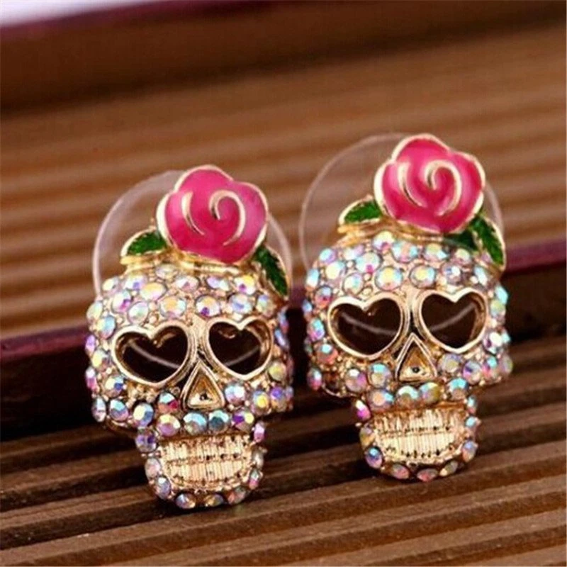 Women Cute Pink Rose Rhinestone Skeleton Skull Ear Studs Earrings