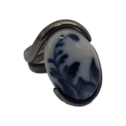 Royal Copenhagen Blue White Porcelain Floral Sterling Silver Vintage Ring Size 5 - Picture 23 of 24